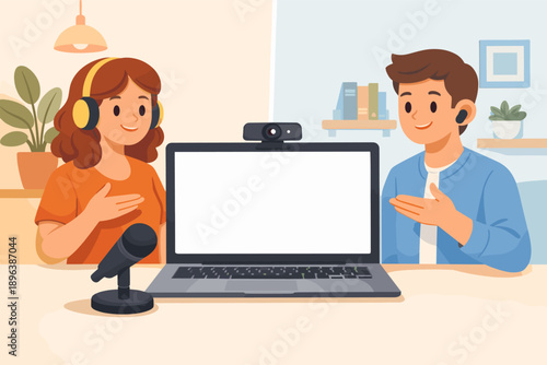 Young caucasian adults podcasting: online streaming with laptop and microphone setup