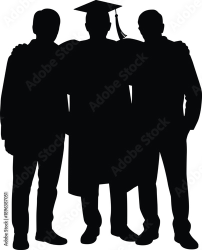 Silhouette of graduate standing with friends celebrating education success achievement future goals learning pride unity togetherness motivation support milestone celebration