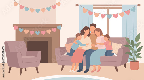 Loving family of four hugging on a living room couch decorated with colorful heart garlands, concept for parenting advice, anniversary celebration and domestic happiness promotion