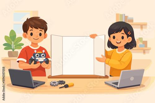 Asian children presenting robotics project in classroom setting