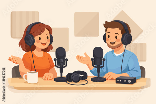 Smiling caucasian young adults podcasting with microphones and headphones in studio