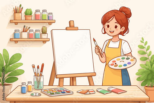 Female young artist painting on easel in cozy studio with colorful supplies and plants