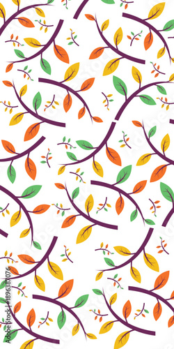 Seamless background pattern of colorful leaves and twigs. Nature banner template. Plants and flowers