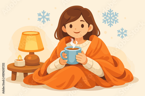 Cozy scene of young female enjoying hot drink in warm setting with snowflakes