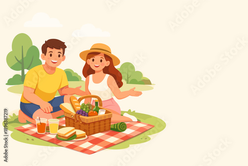 Young couple enjoying outdoor picnic on a sunny day