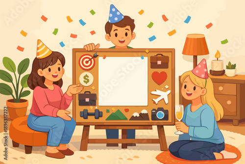 Diverse kids celebrating with vision board party