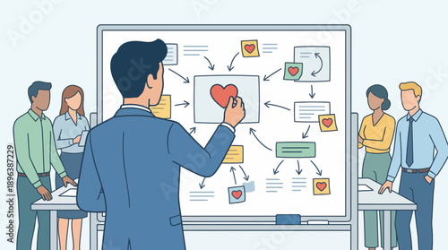 A business manager presents customer experience strategy flowchart on a whiteboard to his team, concept for marketing campaign, team collaboration and business consulting