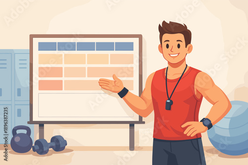 Young caucasian male coach in gym with fitness equipment and whiteboard