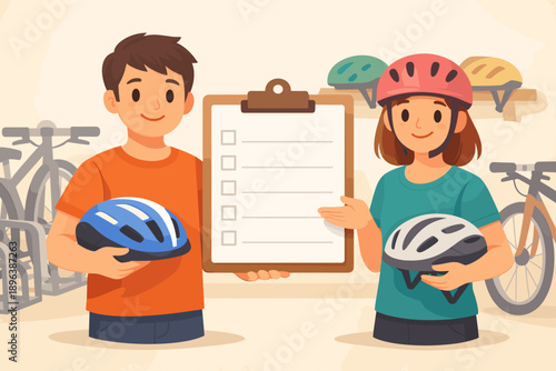 Young caucasian male and female promoting bicycle safety with helmets in bike shop
