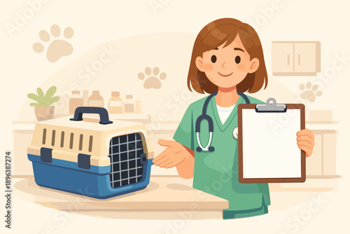 Female veterinarian presenting pet carrier with clipboard in clinic