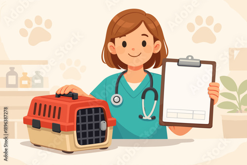 Female veterinarian with brown hair displaying clipboard and pet carrier in clinic