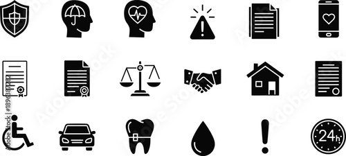 Legal and business icon set featuring law, justice and corporate symbols suitable for legal services, consulting firms, websites and professional business presentations
