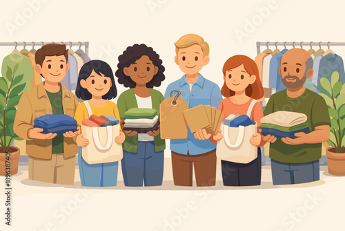 Diverse group shopping for sustainable fashion in clothing store