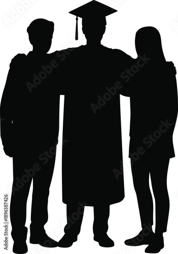 Silhouette of graduate standing with supportive friends celebrating education success achievement future goals learning pride unity togetherness motivation milestone celebration