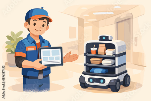 Male delivery robot operator with tablet in office setting