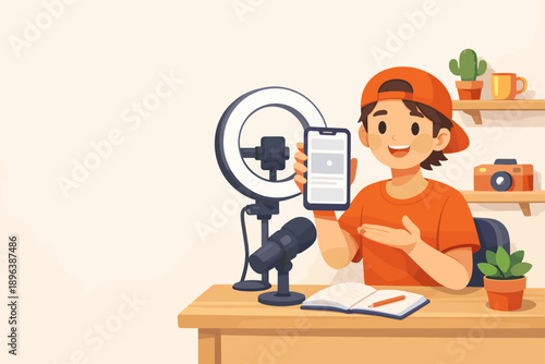 Young male vlogger recording content with smartphone in home studio