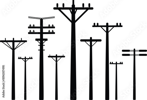Assortment of Silhouetted Utility Poles with Wires and Insulators on White Background power line electricity
