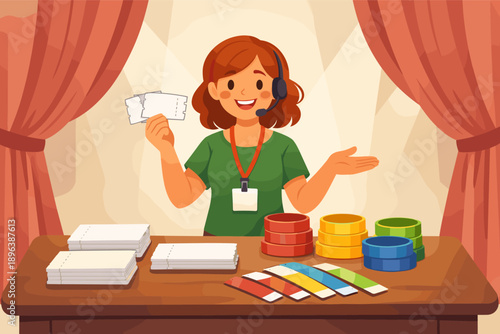 Enthusiastic female ticket seller with headset at colorful event booth