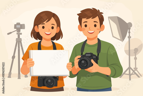 Young caucasian adults with cameras in photography studio