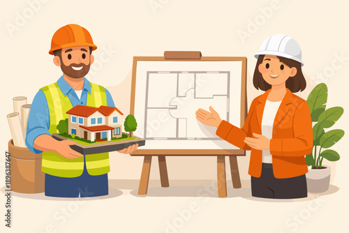 Male and female architects presenting house model and floor plan design