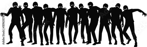 Group of zombie silhouettes standing together, creepy undead crowd characters isolated  , horror apocalypse concept illustration for Halloween, dark graphic design, scary themed projects