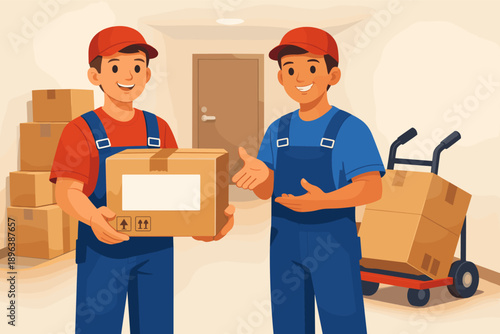 Male delivery workers with packages in warehouse setting