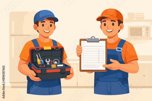 Two hispanic male technicians in uniform with toolbox and checklist in kitchen setting
