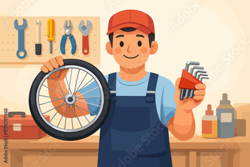 Young caucasian male mechanic holding bicycle wheel and allen wrenches in workshop