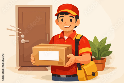Young hispanic male delivery worker with package at doorstep