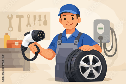 Asian male mechanic holding ev charger and tire in workshop