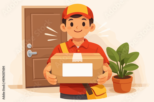 Asian male delivery worker holding package at doorstep with plant nearby