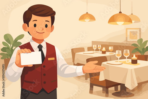 Male waiter presenting blank card in cozy restaurant setting