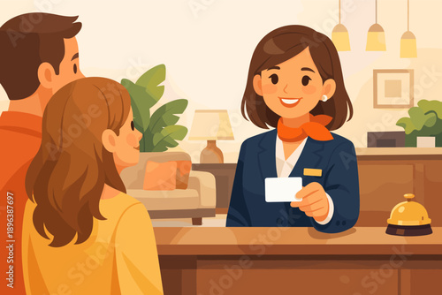 Smiling female hotel receptionist greeting young caucasian couple at check-in desk
