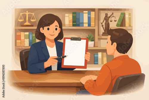 Female lawyer advising male client in office with legal books and justice scales