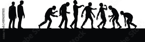 Zombie evolution silhouettes showing human transformation into undead creatures, horror apocalypse concept isolated, spooky walking dead illustration for Halloween and dark design projects