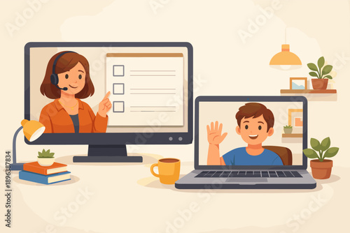 Young caucasian boy video conferencing with female teacher on computer