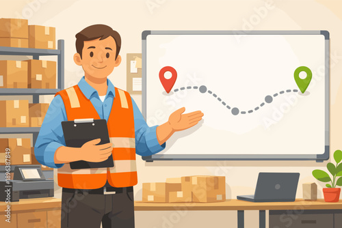 Male caucasian young adult in logistics planning presentation with route map