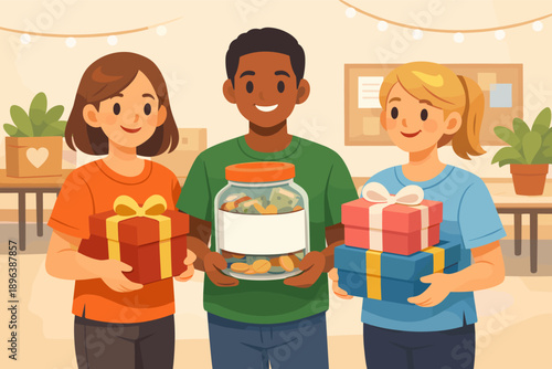 Diverse group of young adults holding gifts and donation jar