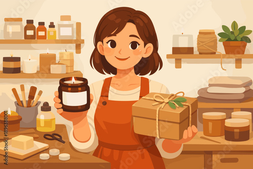 Young asian female artisan with handmade candle and gift box in cozy workshop