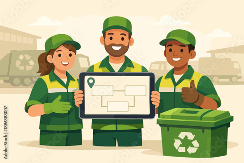 Diverse team of recycling workers holding digital tablet in eco-friendly environment