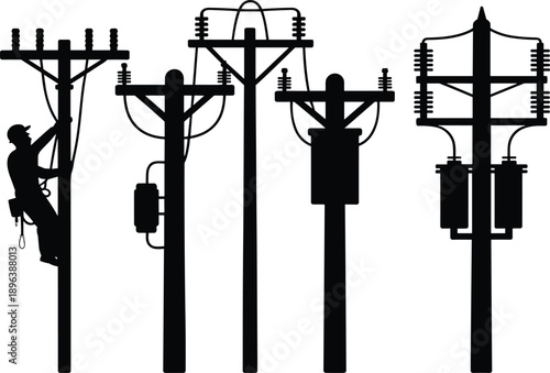 Black silhouettes of utility poles with electrical components and a lineman climbing on a white background