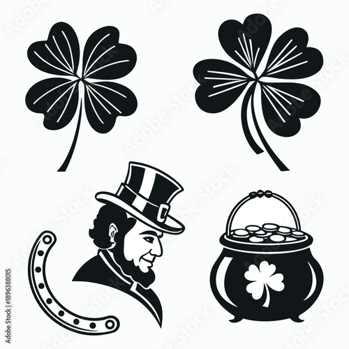 St Patricks Day set featuring a lucky Irish leprechaun hat, green shamrock clovers, a pot of gold coins, and a rainbow illustration for a festive Saint Patrick holiday celebration design vector