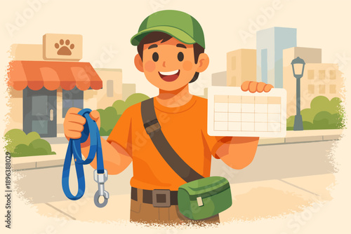 Young hispanic male dog walker displaying leash and schedule in urban setting