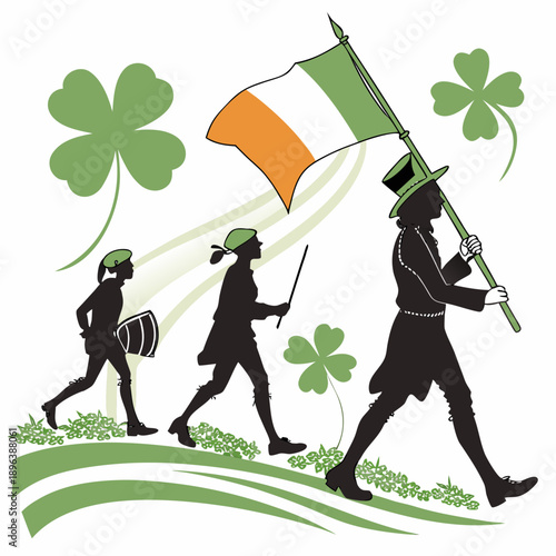 Green St Patrick's Day vector illustration featuring silhouettes of a woman, child, and business people having fun dancing and running in nature