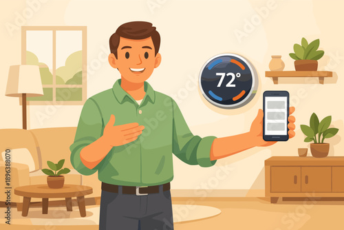 Caucasian young adult male adjusting smart thermostat via smartphone in cozy living room