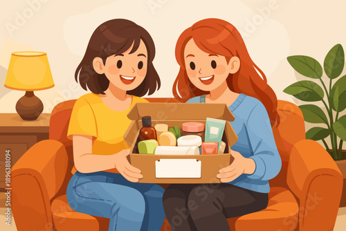 Two young caucasian females smiling with gift box on orange sofa