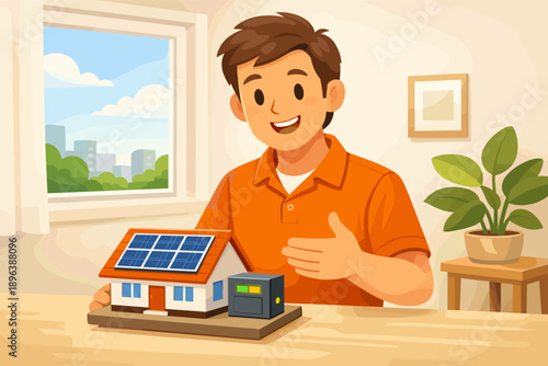 Young caucasian male discusses solar-powered model home in bright room