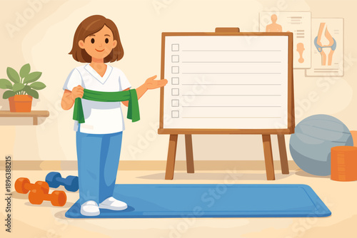 Female physiotherapist demonstrating exercises with resistance band in medical office