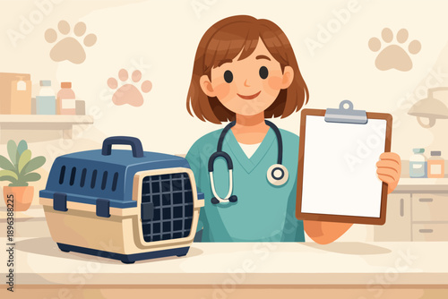 Female veterinarian caring young adult with clipboard and pet carrier in clinic