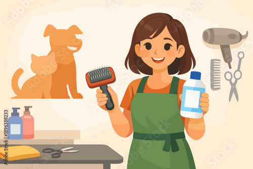 Young asian female groomer with pet supplies in animal salon setting